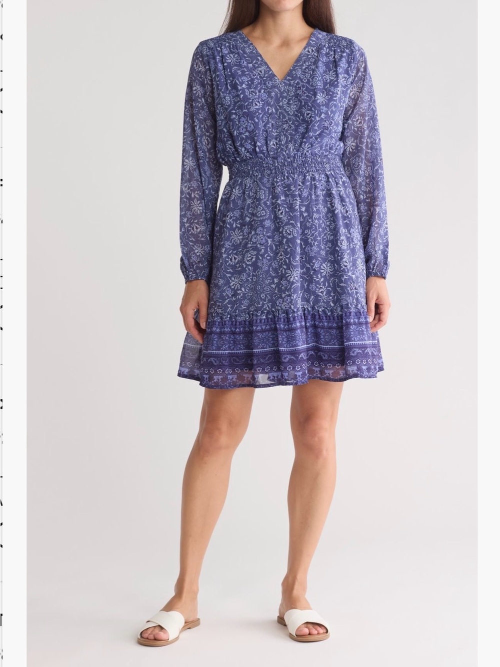 beachlunchlounge Blue Floral V-Neck Smocked Mini Dress